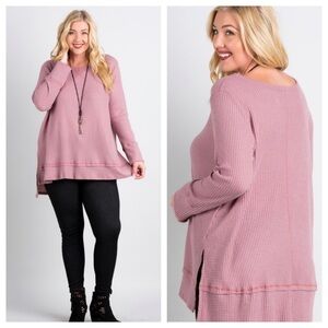 Plus Sz Mauve Waffle Knit Brushed High-lo Top